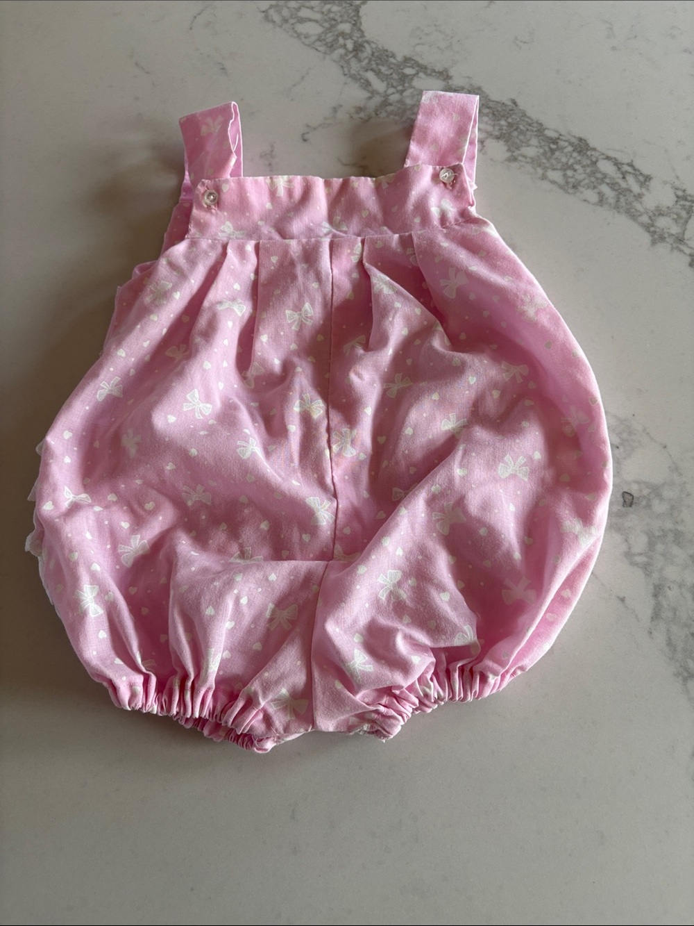 Vintage Pink Baby Bubble Romper with White Bow Print